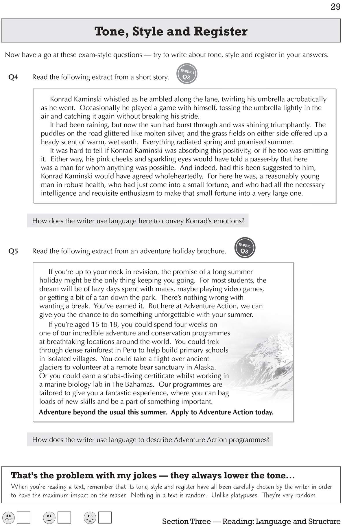 Two short extracts are provided for analysis, with questions asking how the writer uses language to convey emotion