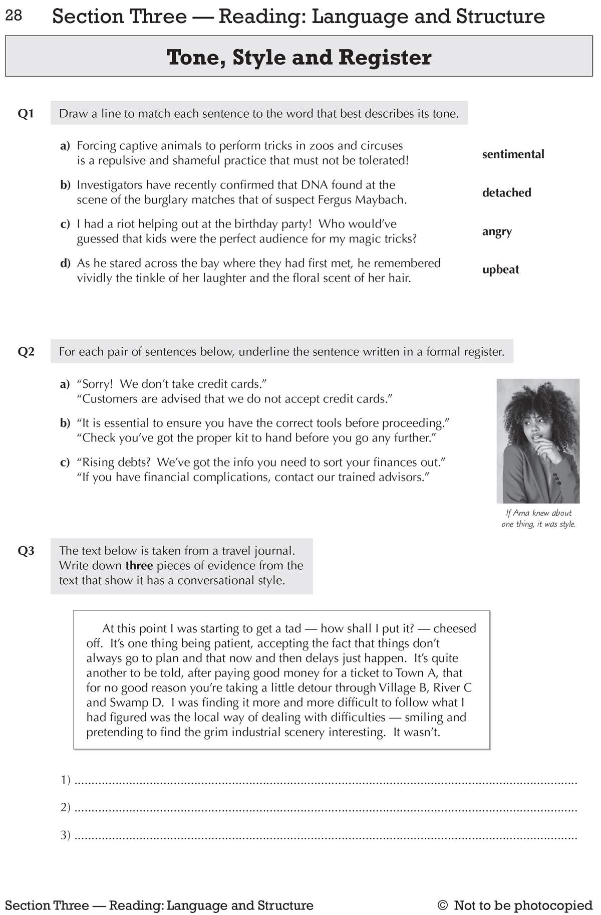 Three questions on tone and register, including a short travel journal extract to analyse for conversational style