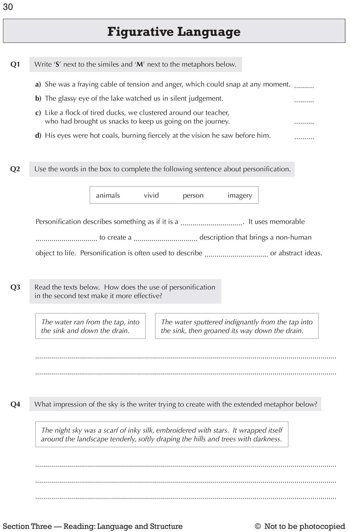 Four questions on figurative language, including identifying similes and metaphors