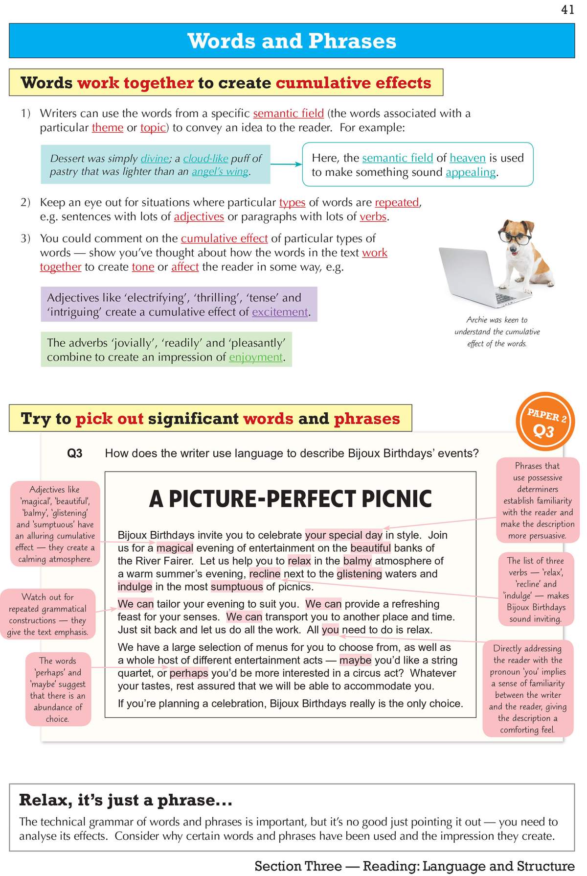 A worked example shows how writers use words to create cumulative effects, with a cartoon dog and laptop to illustrate