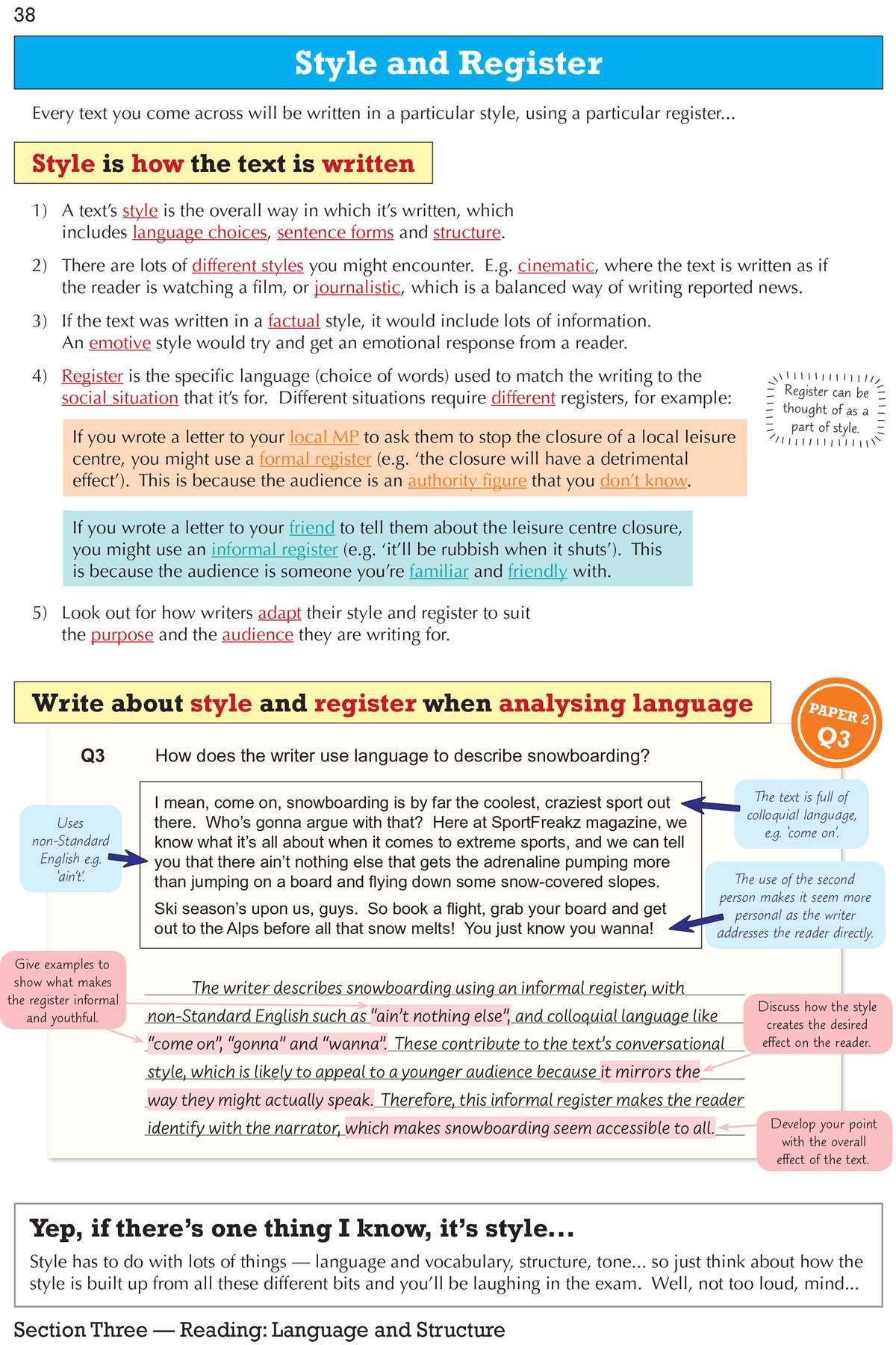 A worked example shows how to answer a question about style and register, using a snowboarding text to illustrate key points