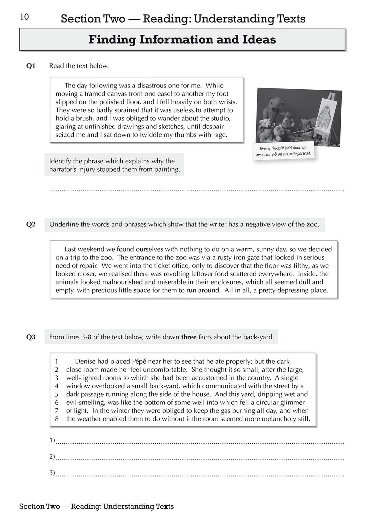 Three reading passages with tasks to identify phrases, underline negative words, and list facts