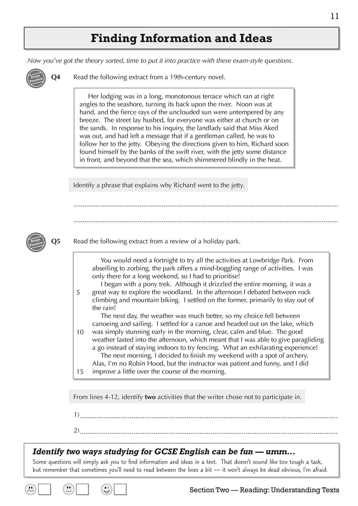 Two exam-style reading questions require pupils to identify specific phrases and activities from provided text extracts