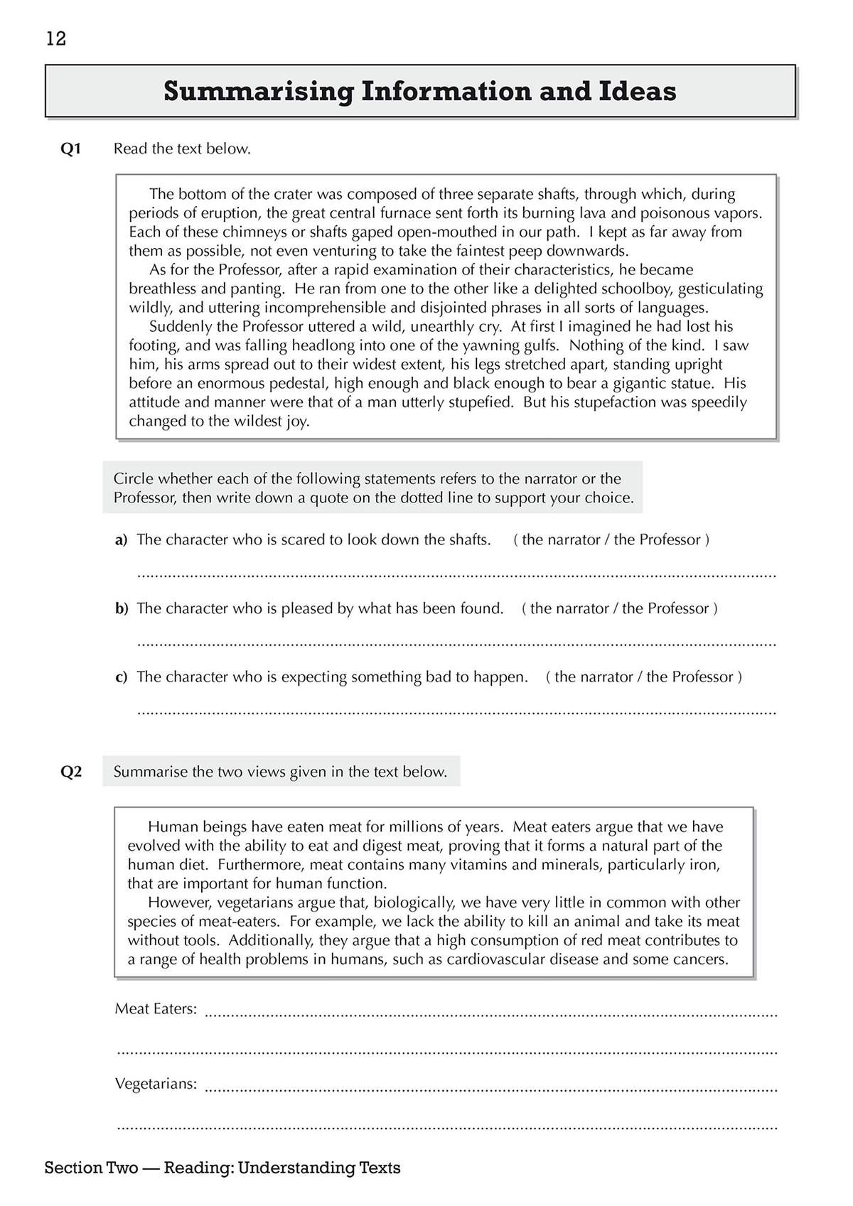 Two reading passages with questions on identifying the narrator and summarising opposing arguments about meat-eating
