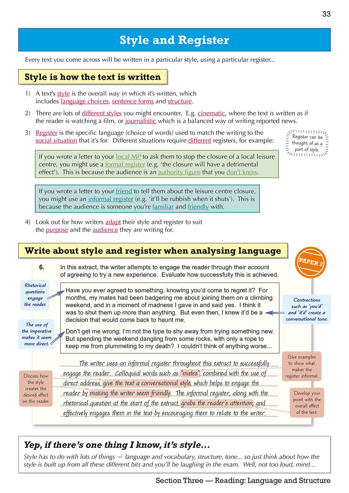 A worked example shows how to analyse an informal text for style and register, with tips on engaging the reader