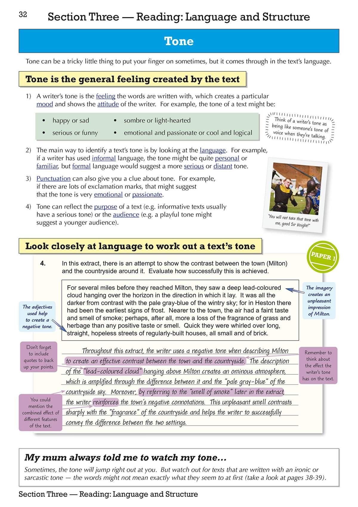 Clear notes on tone with worked examples and tips to help students identify mood and attitude in texts