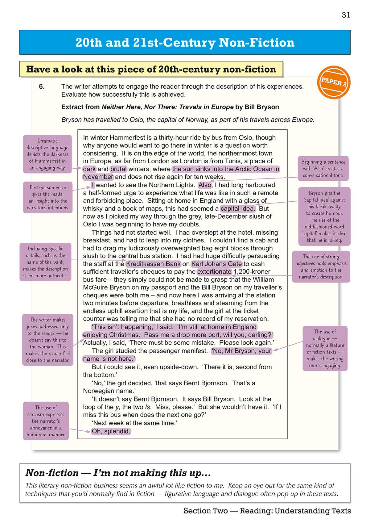 An extract from Bill Bryson's travel writing is analysed with annotations on descriptive language, voice and humour