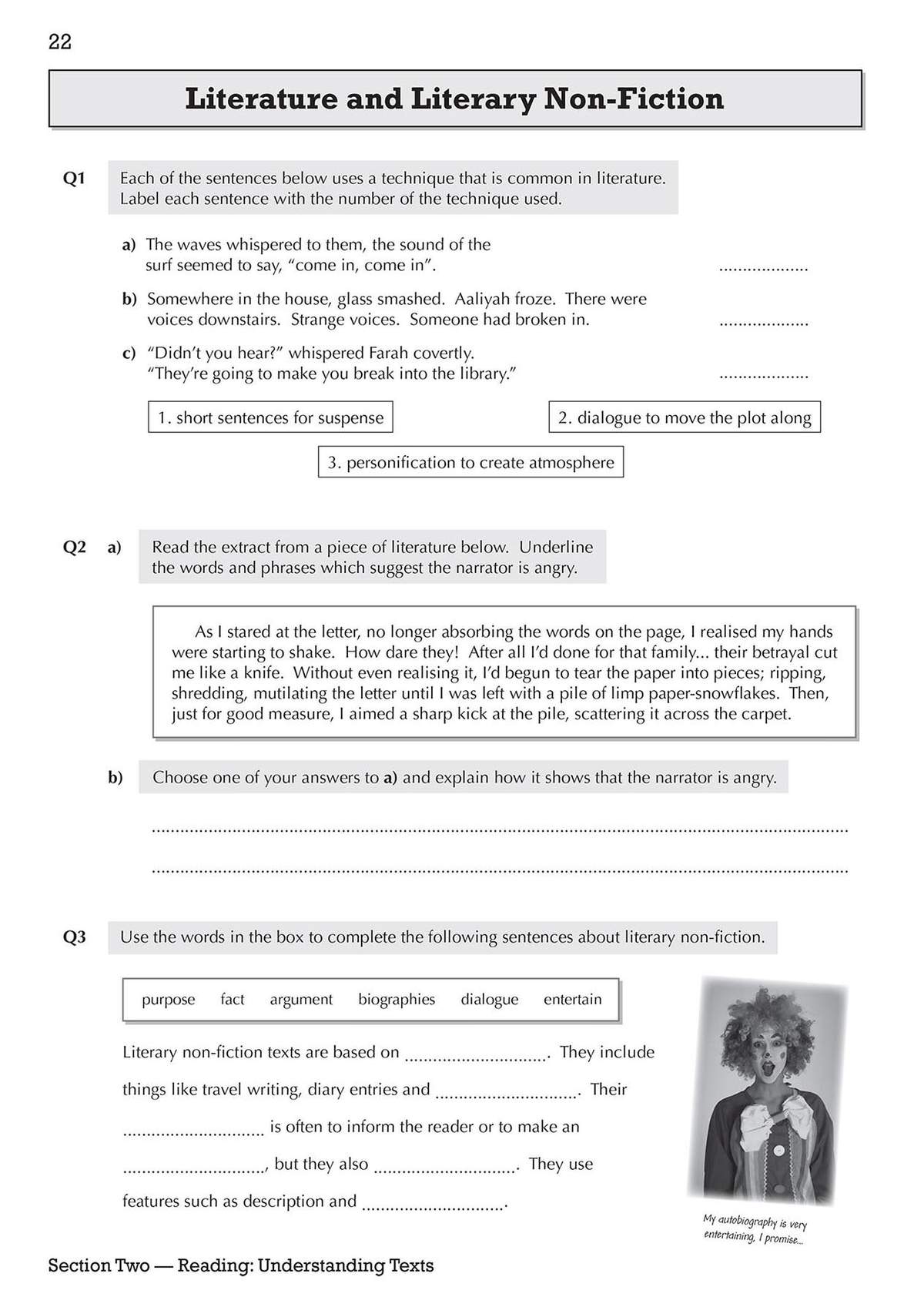 Students identify literary techniques in three sentences, analyse a short angry narrative