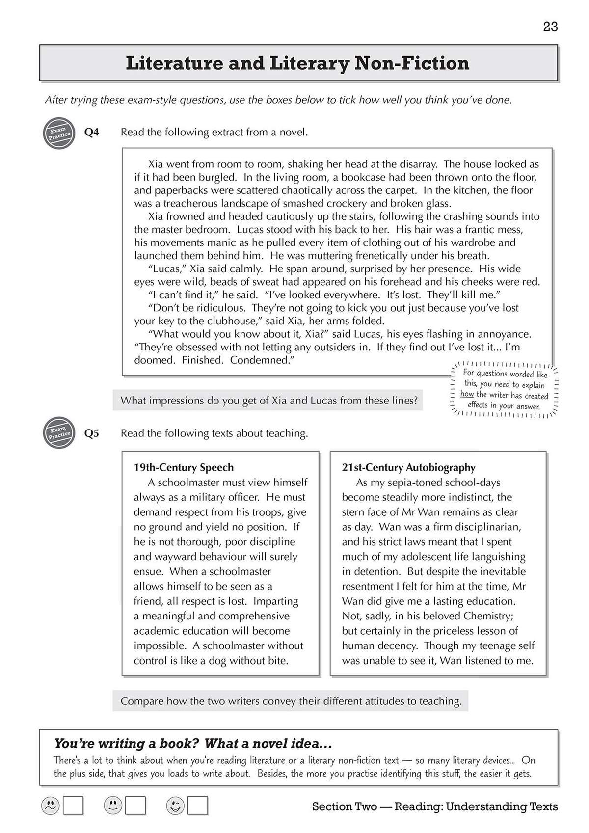 Students read a novel extract and two texts about teaching, then answer questions on impressions and writer effects