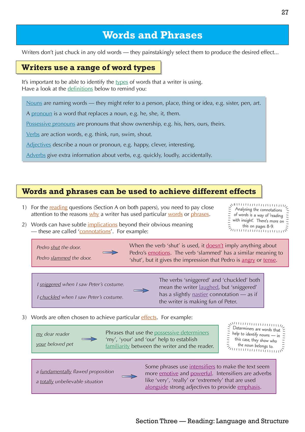 A revision page explaining how writers use different word types and phrases to create specific effects in their writing