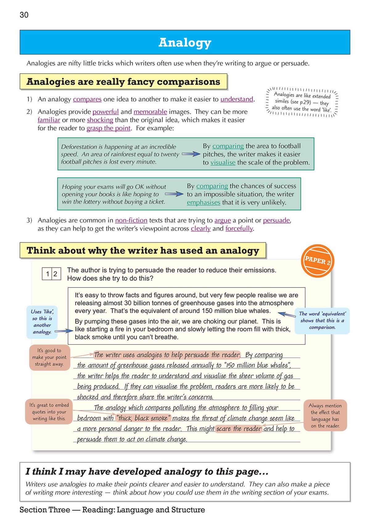 A lesson on how writers use analogies to make arguments clearer, with a worked example analysing a text about climate change
