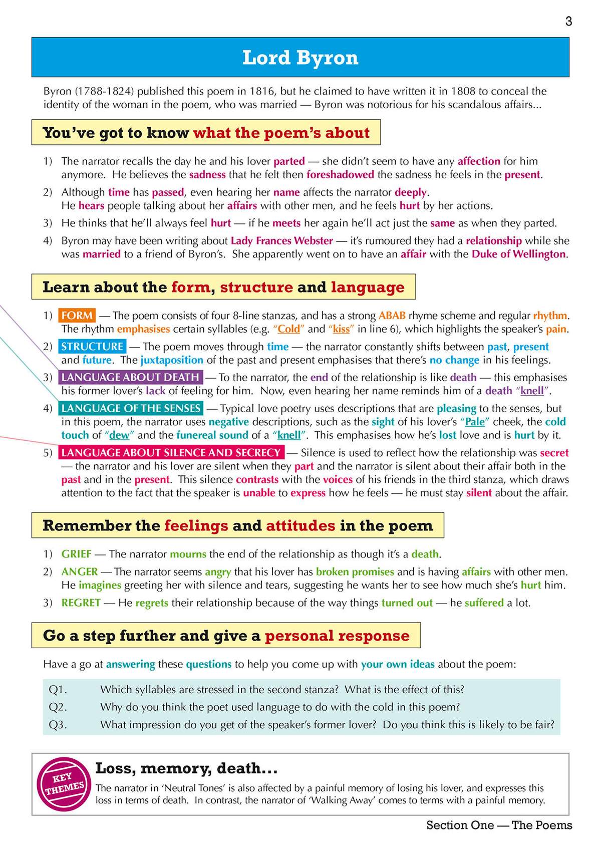 A detailed breakdown of Byron's poem, covering form, structure, language and themes, followed by three short questions