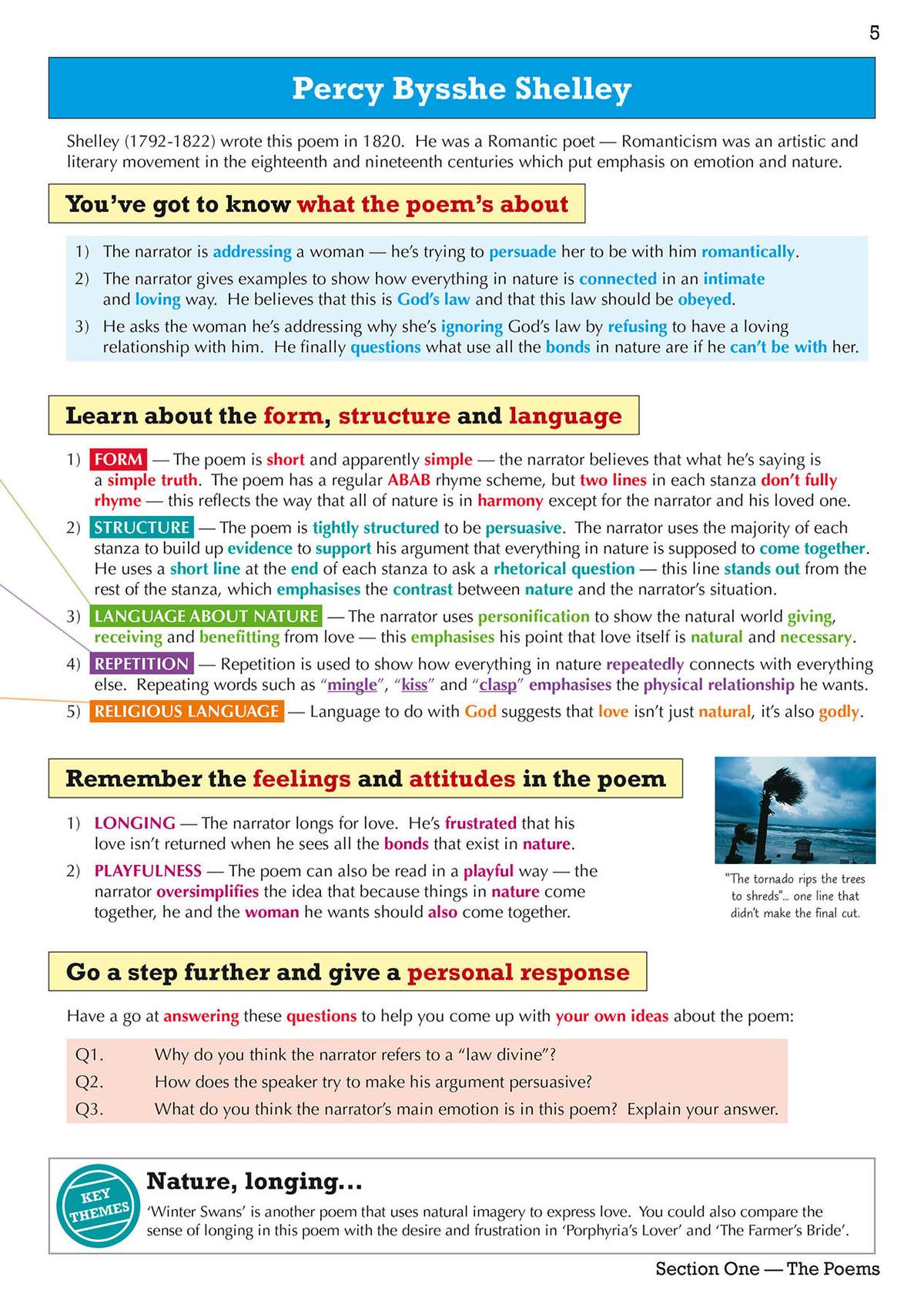 Revision notes on Shelley's poem, with a stormy seascape image and three short questions to test understanding