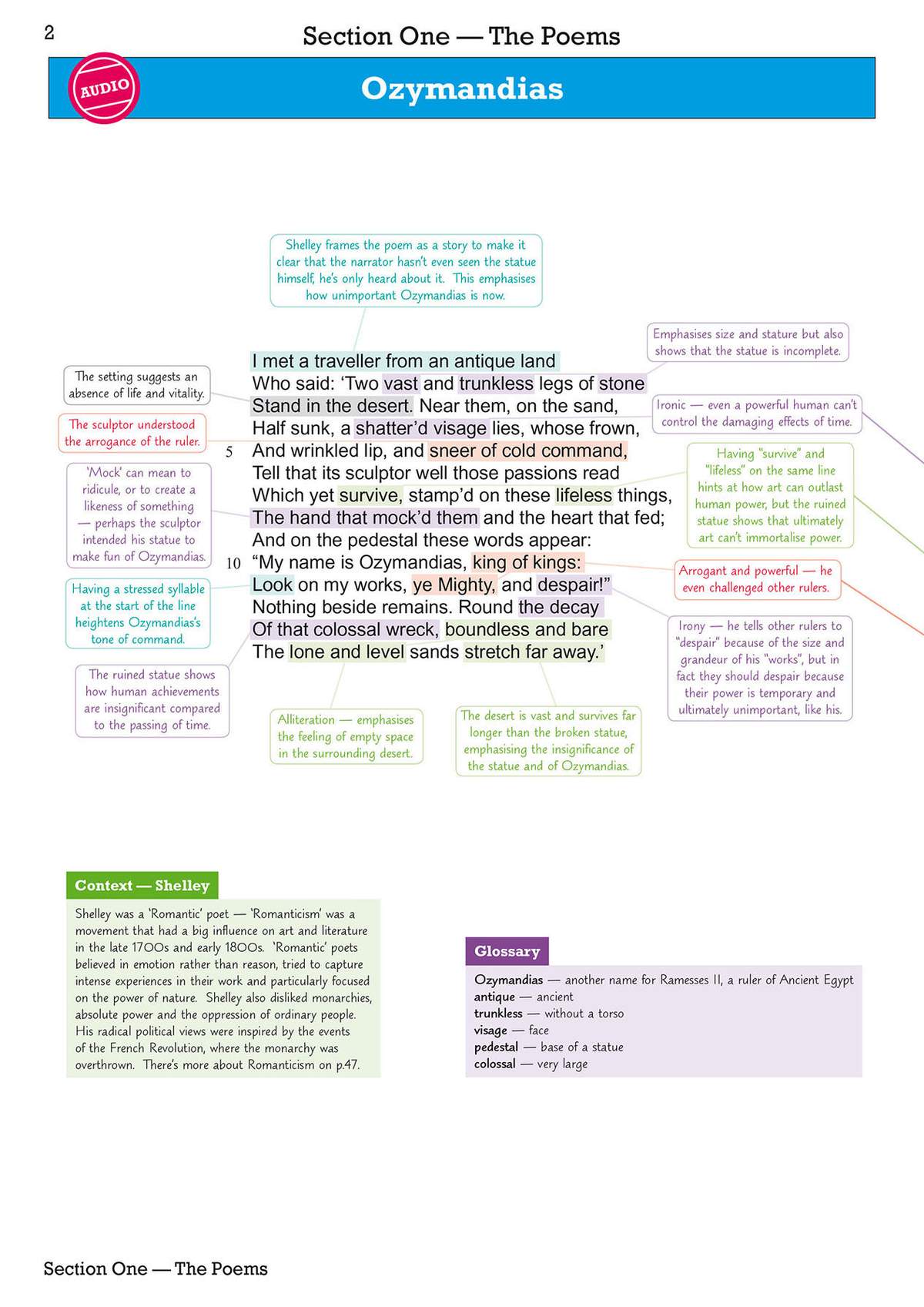 A detailed analysis of Shelley's poem Ozymandias, with annotations explaining literary devices and themes