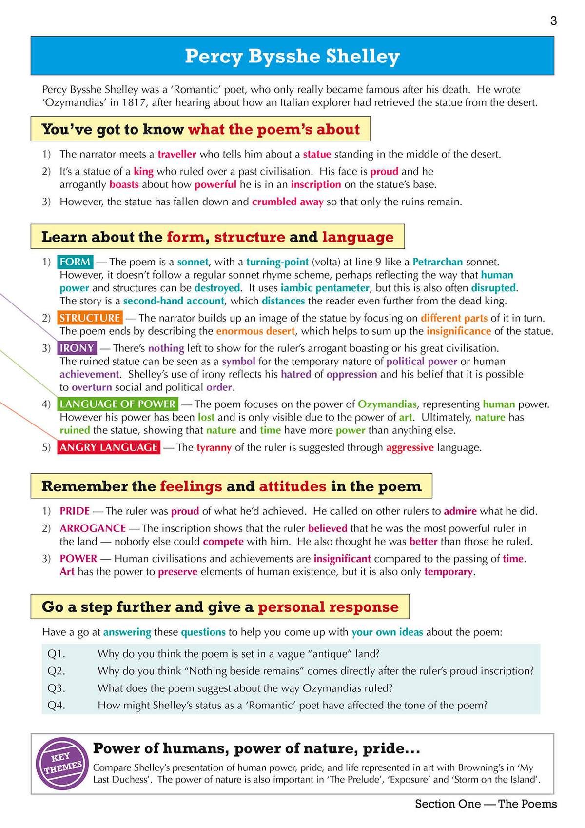 Revision notes on Shelley's 'Ozymandias' with sections on form, structure and language, followed by four short questions