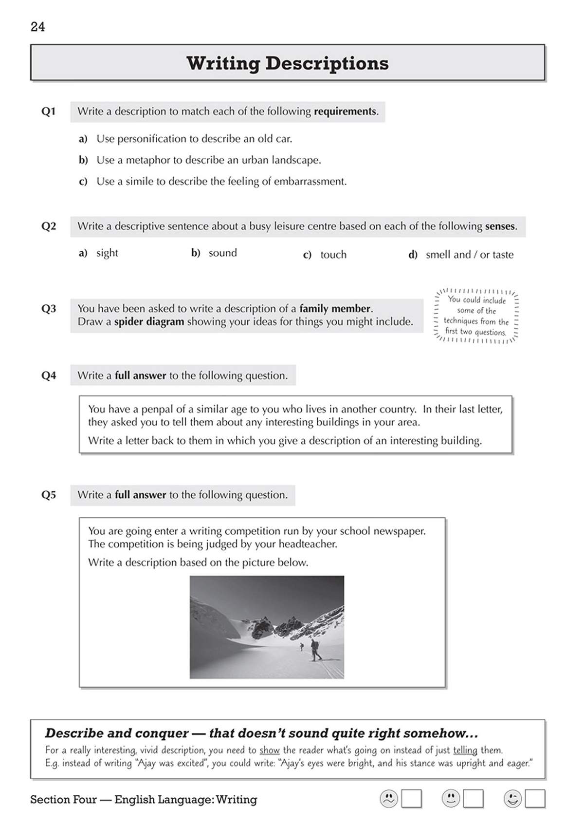 Five writing tasks on descriptions, including personification, metaphors, and a letter to a pen pal