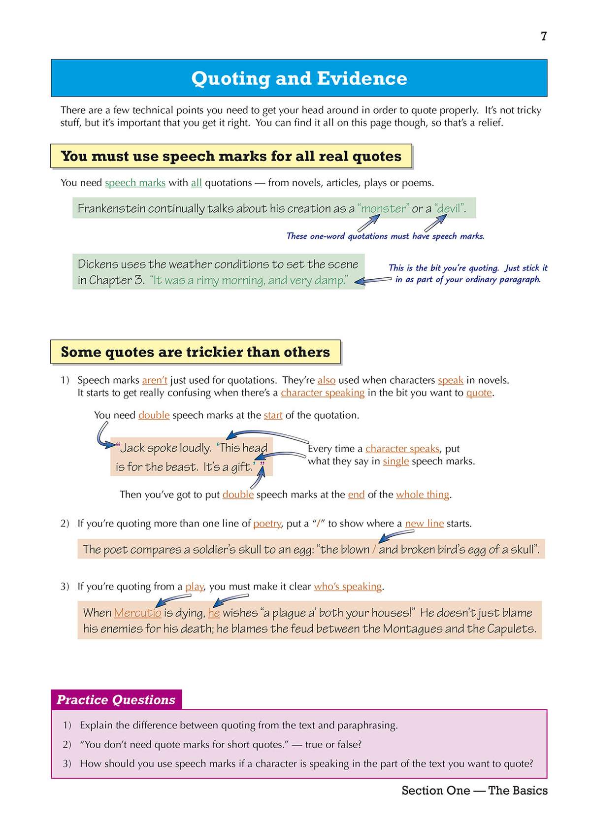 Clear rules on using speech marks with examples from Frankenstein, Dickens and Romeo and Juliet