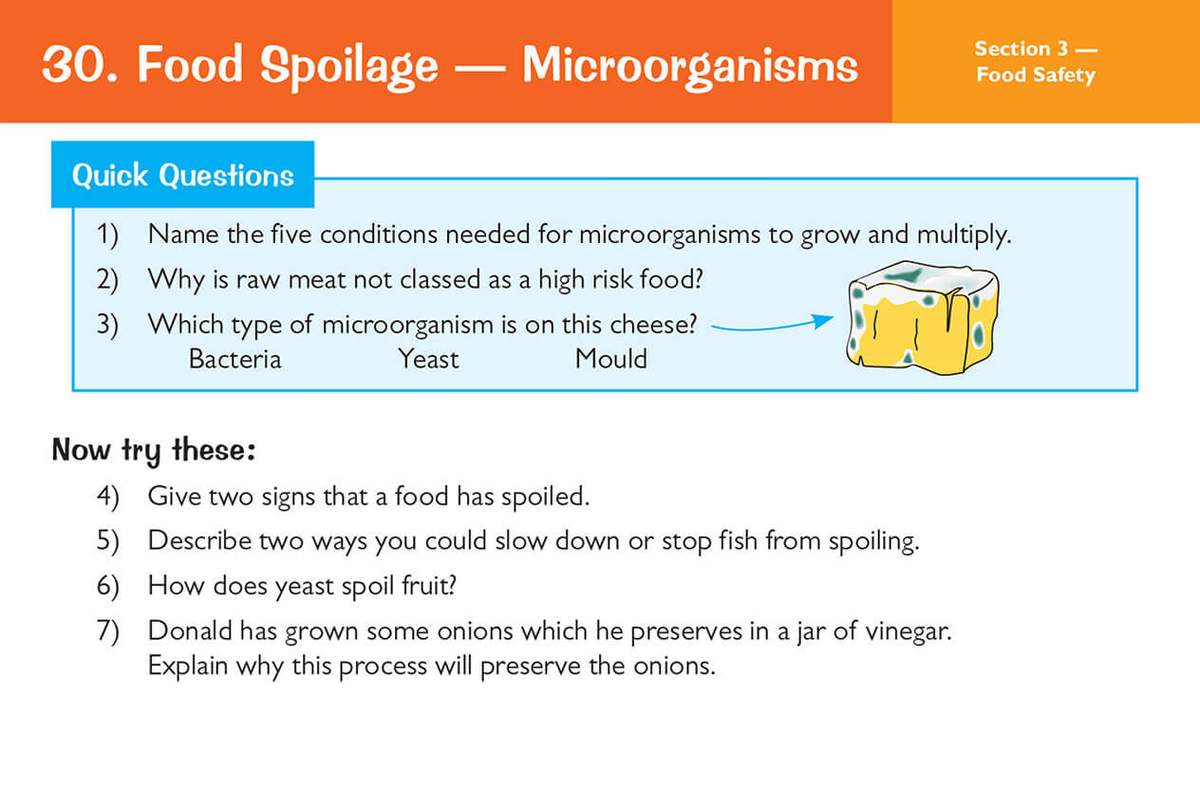 Seven questions on food spoilage, including a multiple-choice task with a diagram of mouldy cheese