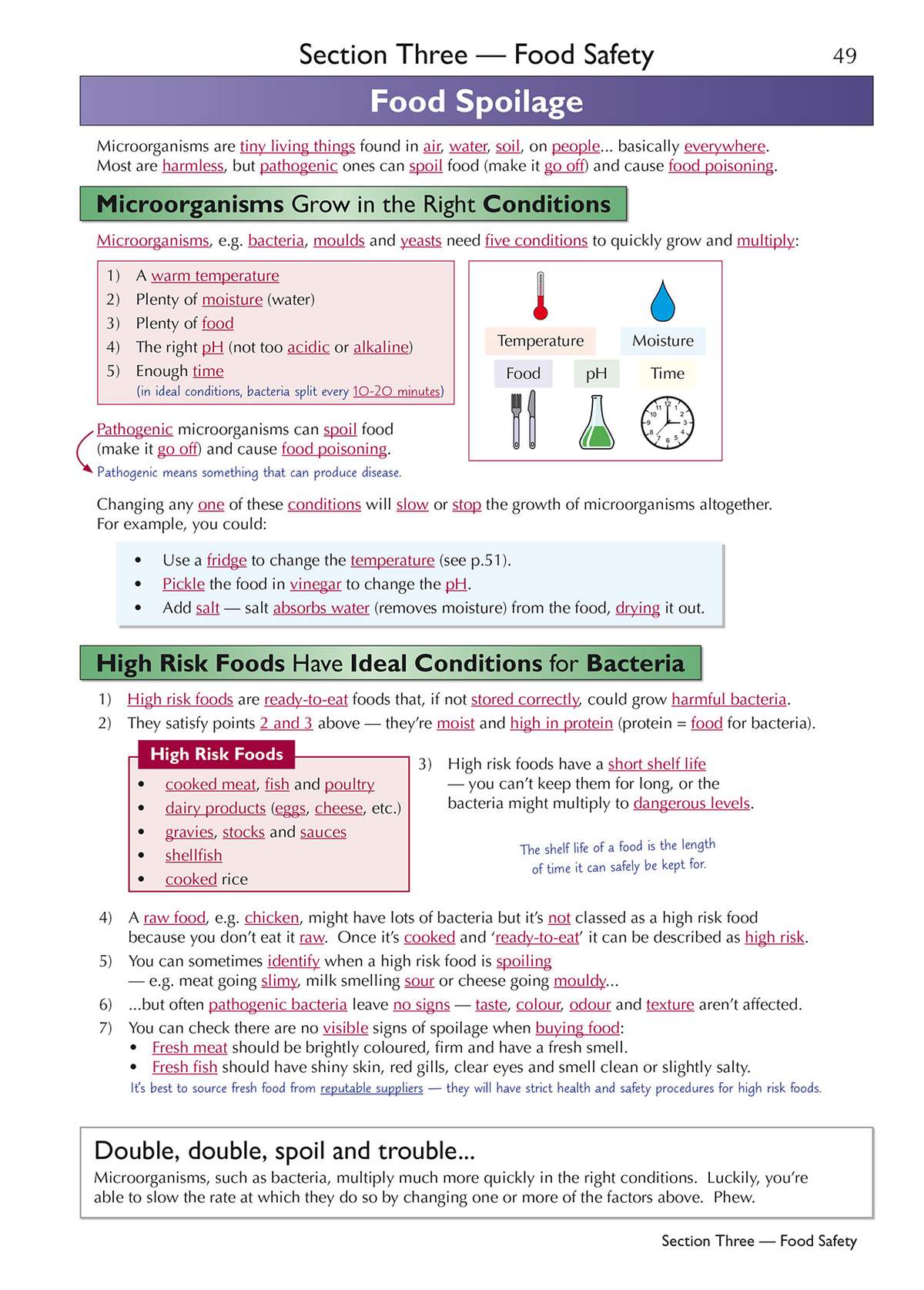 A revision page explaining how microorganisms grow and spoil food, with diagrams showing temperature, moisture, pH and time