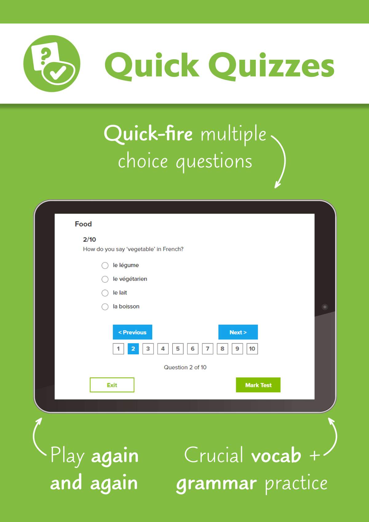 A page showing how the digital quiz feature works, with a tablet displaying a French vocabulary question
