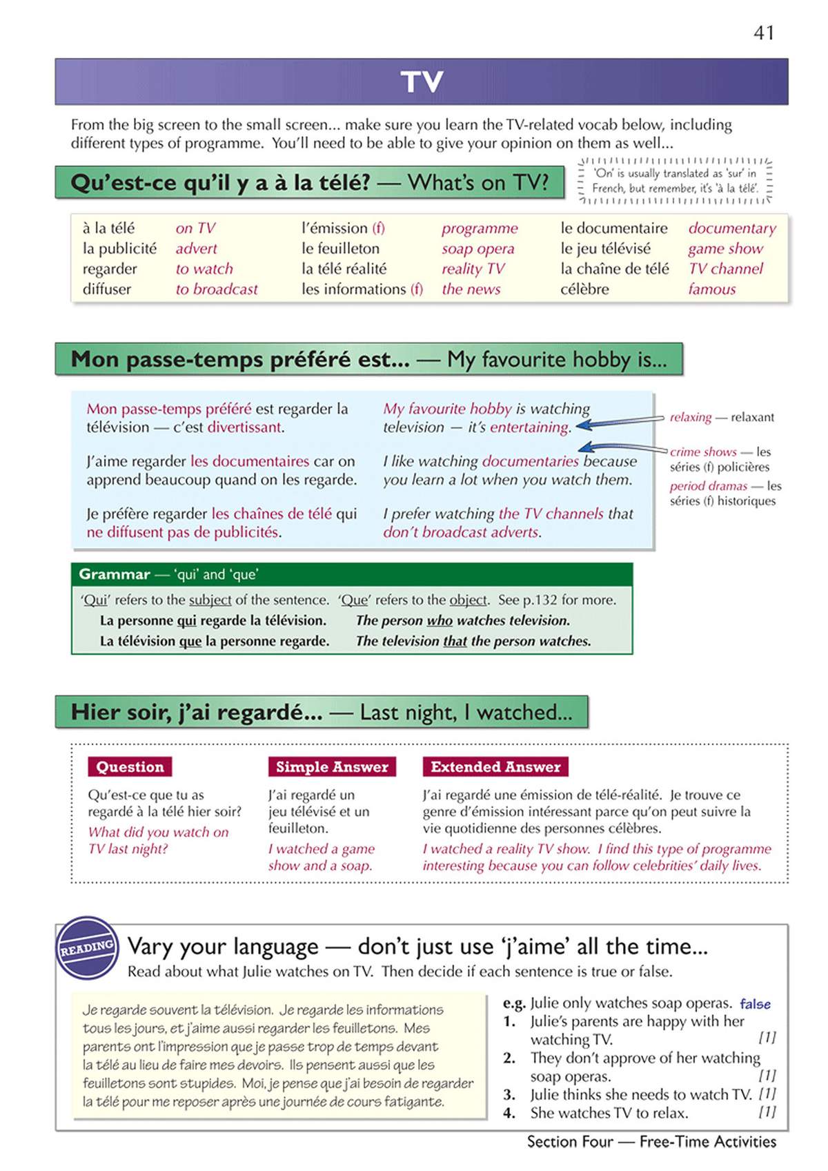 A vocabulary list and grammar notes on TV, followed by a reading passage and true/false questions to check understanding