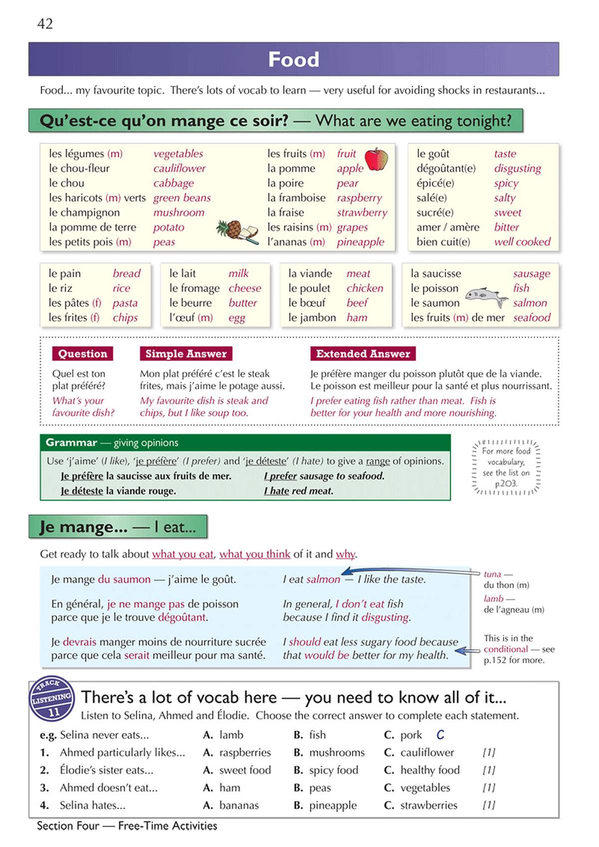 A listening exercise where pupils choose the correct food word to complete sentences about three students' habits