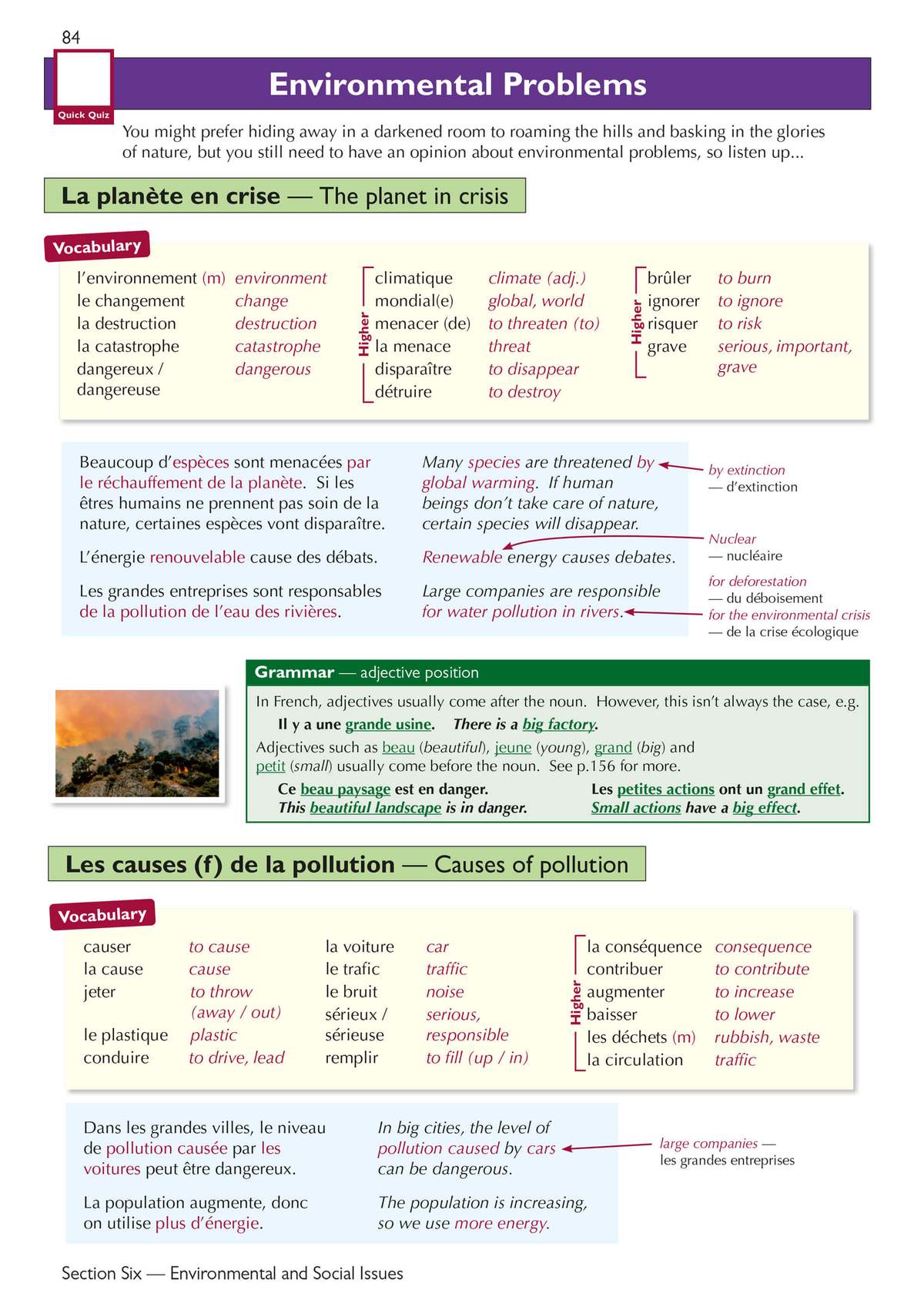 A revision page on environmental vocabulary and grammar, with French sentences and their English translations to help