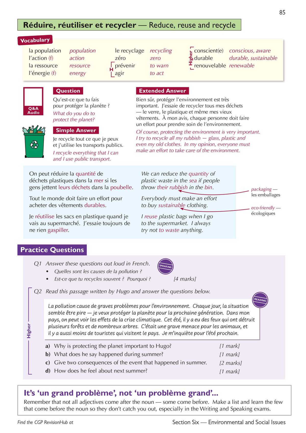 A reading passage about pollution and climate change, followed by four comprehension questions to answer in French