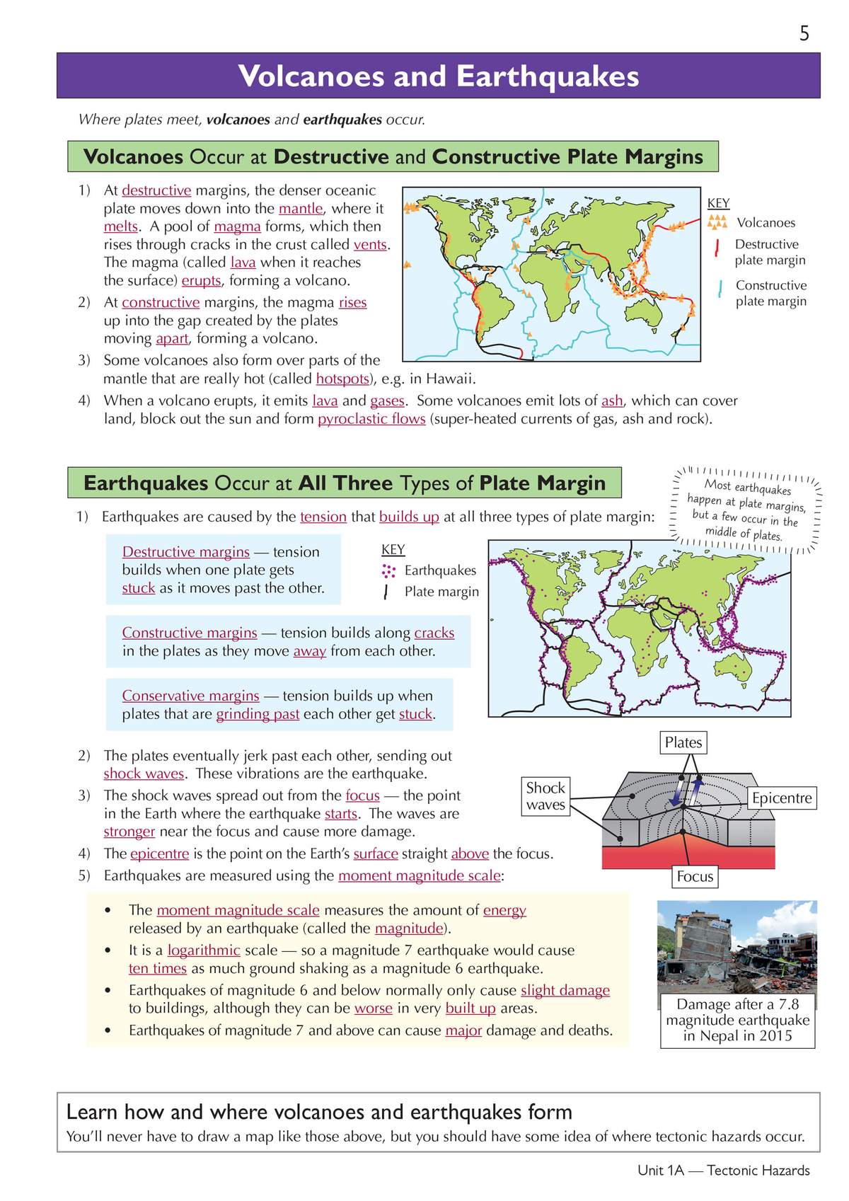 Clear notes on volcanoes and earthquakes, with world maps showing plate margins and a diagram explaining earthquake focus