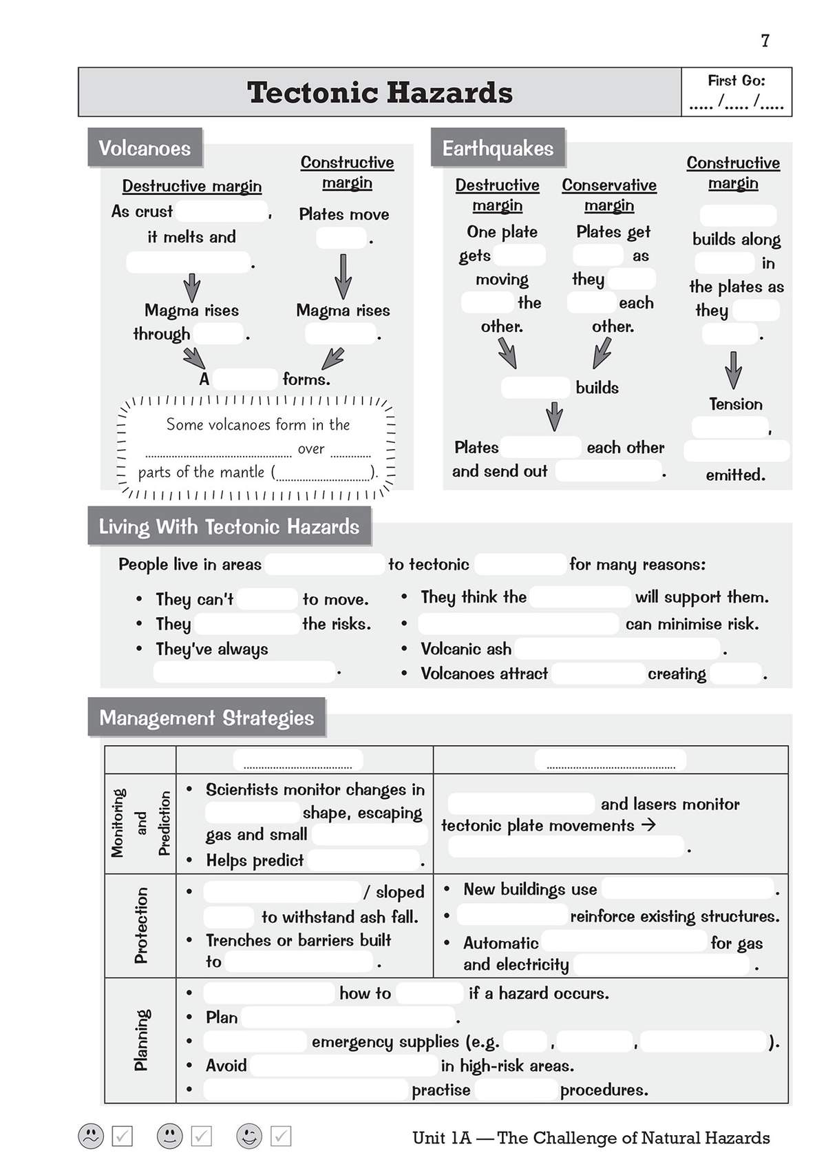 A fill-in-the-blank worksheet on tectonic hazards, volcanoes, earthquakes and management strategies