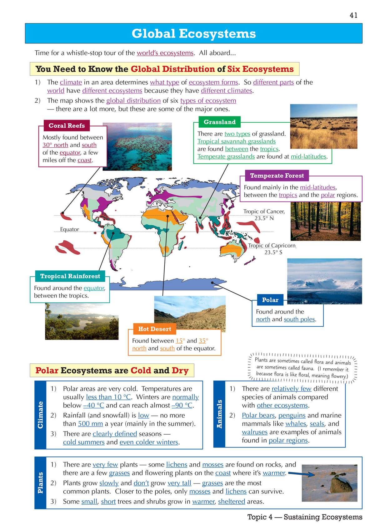A colourful revision page explaining the global distribution of six ecosystems with a world map and photos