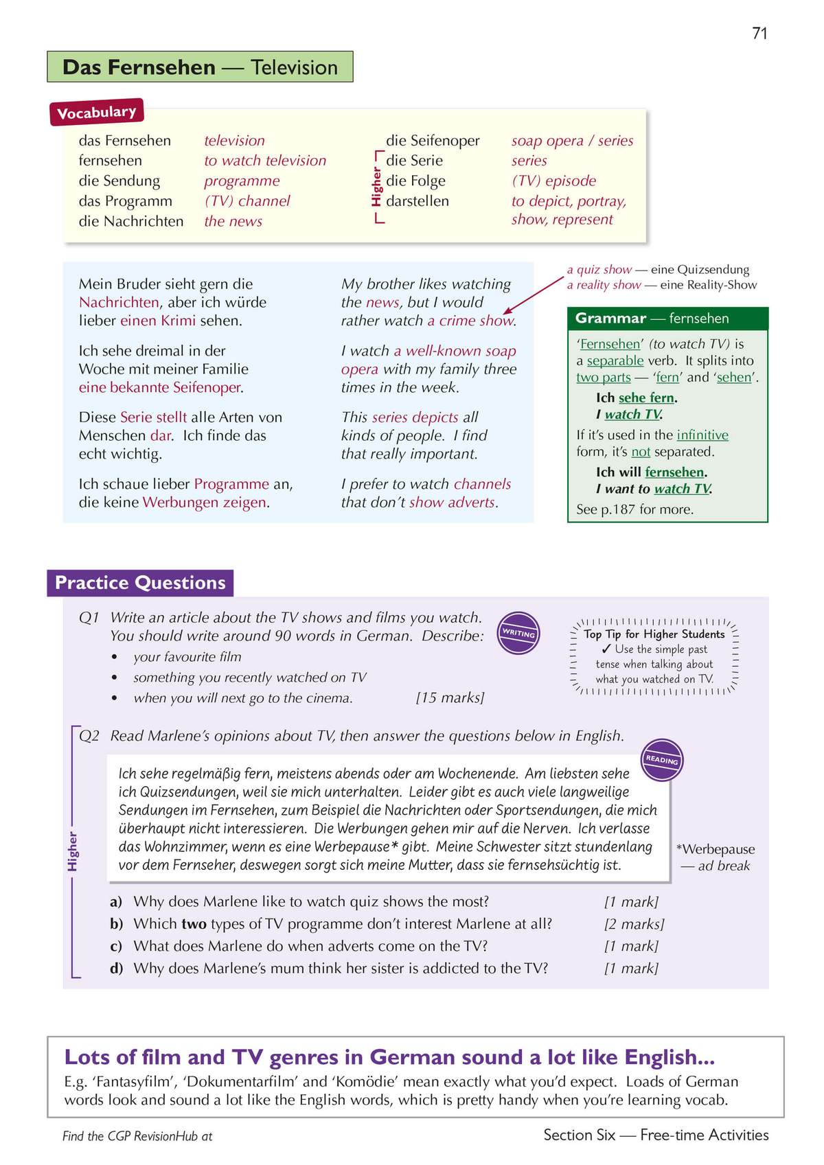 Students write a 90-word article about TV and films, then answer four comprehension questions based on a short text about