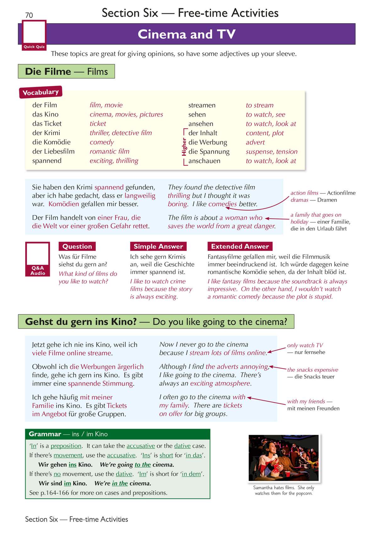 A page teaching German prepositions with examples, translations and a small photo of a cinema scene