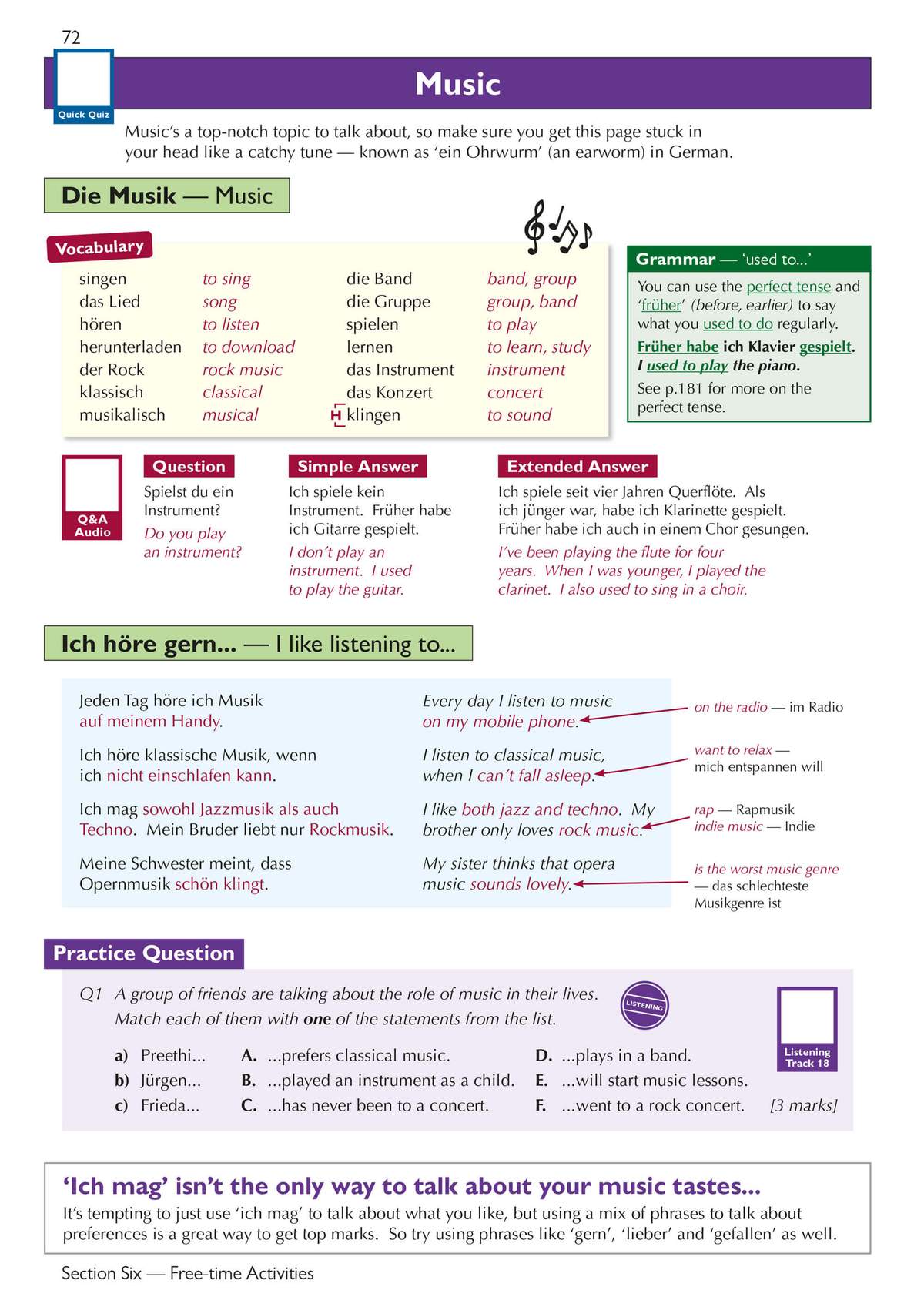 A page teaching German music vocabulary with examples, then a matching exercise to link people to their music preferences