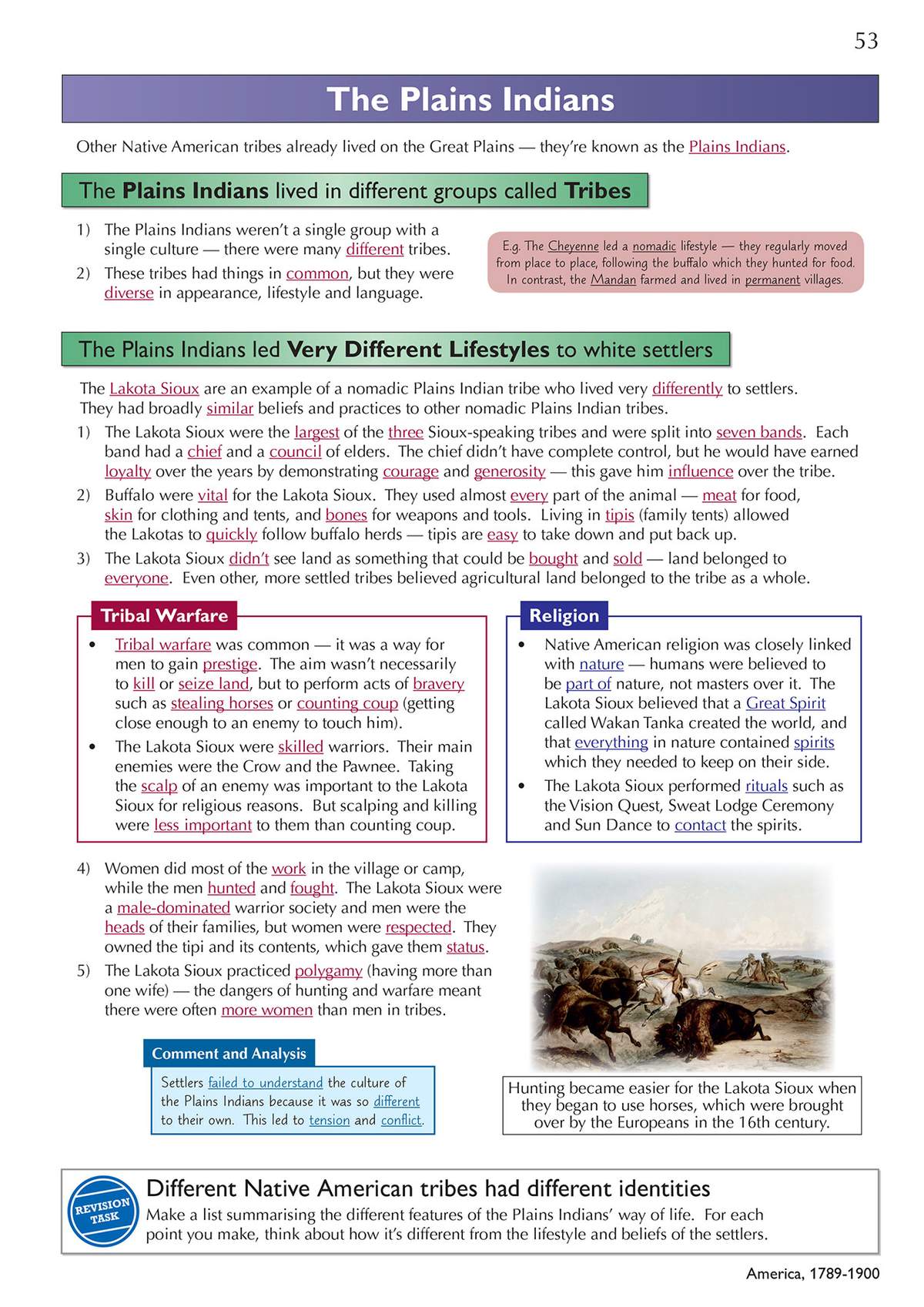 A detailed revision page on the Plains Indians, covering their tribes, lifestyles, warfare and religion