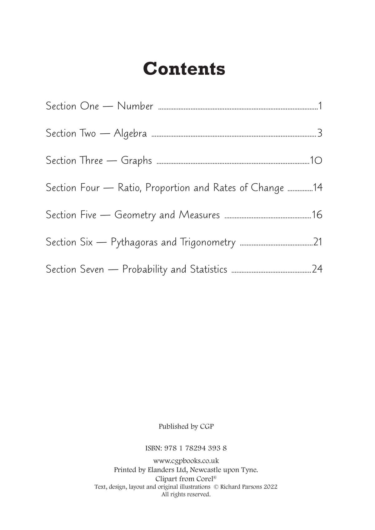 A contents page listing seven maths sections with page numbers and the ISBN at the bottom