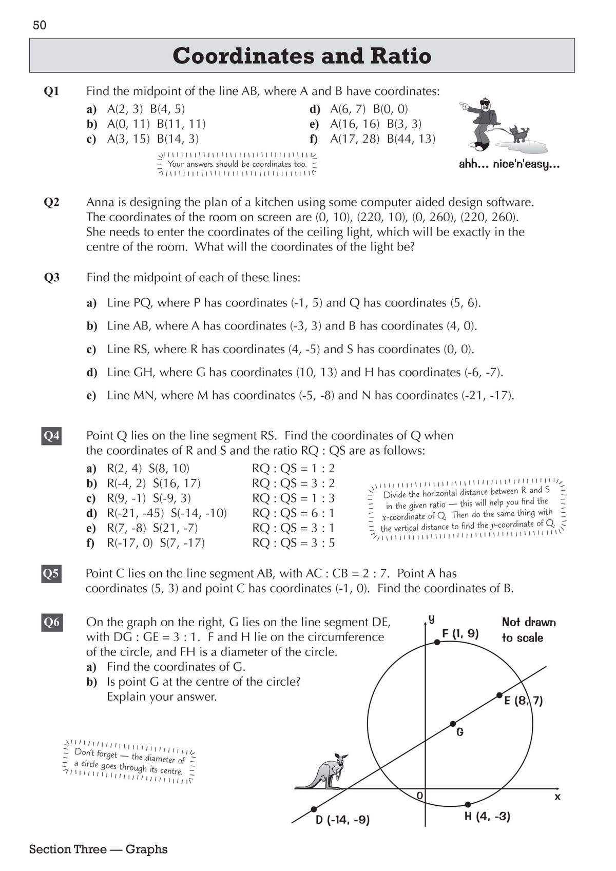 Six questions on finding midpoints and using ratios with coordinates, including a graph to interpret