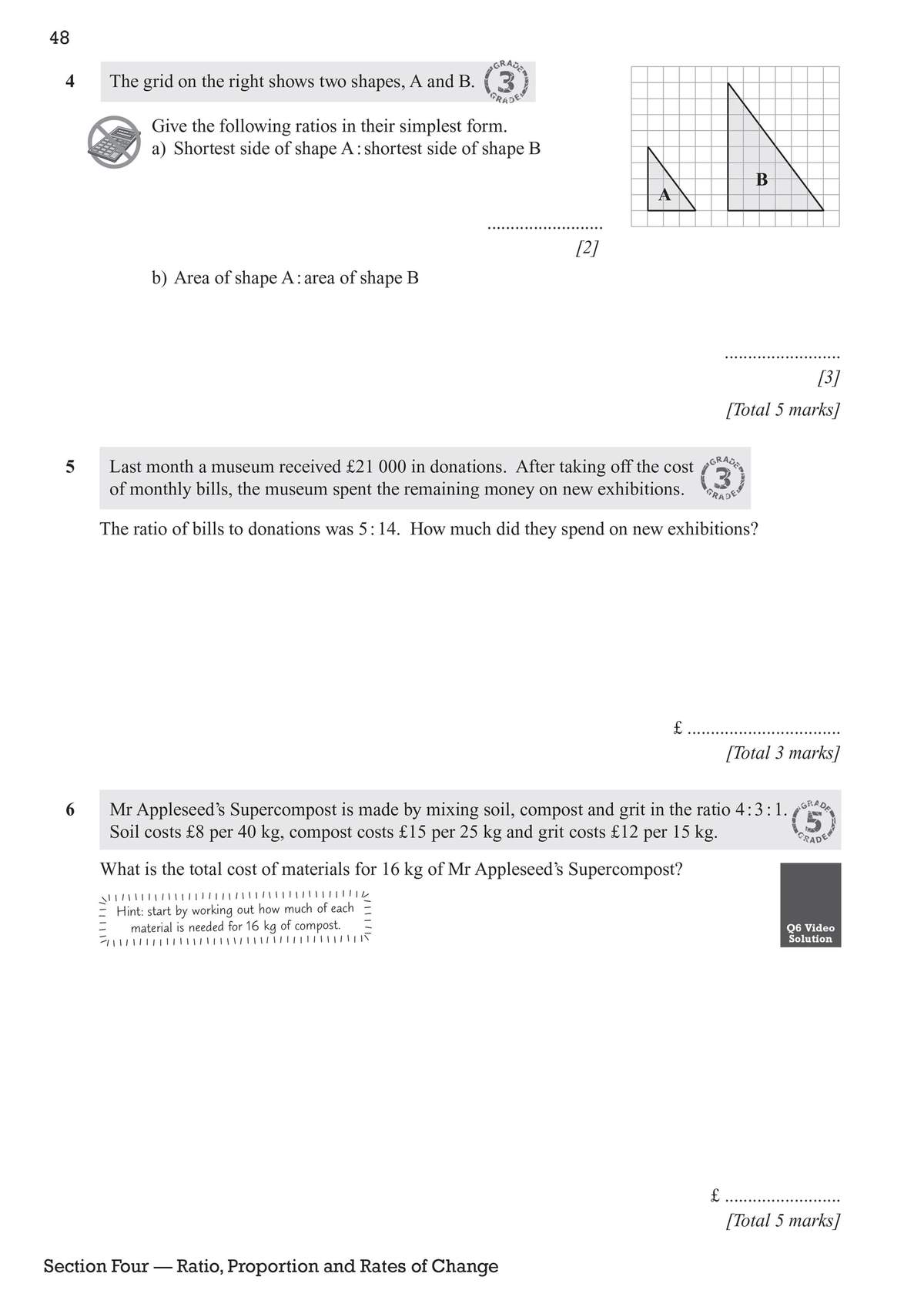 Three maths questions on ratios and proportions, including a grid diagram and a word problem about museum donations
