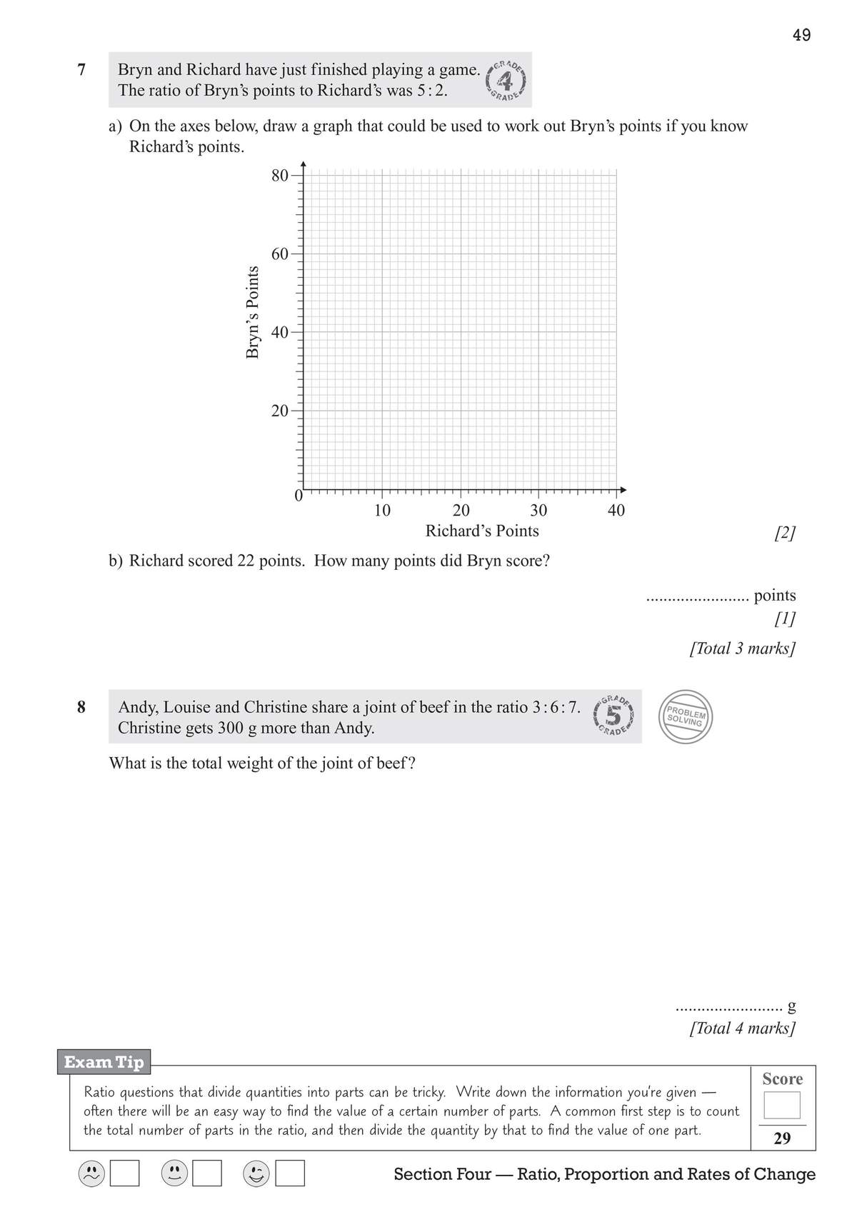 Two ratio problems involving graphs and calculations, with an exam tip and self-assessment faces