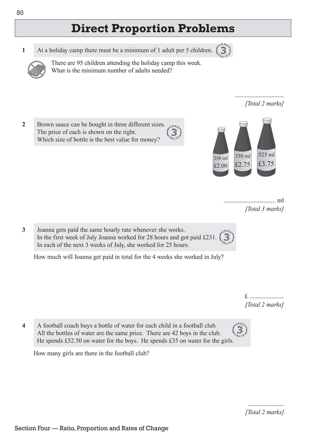 Four word problems on direct proportion, including calculating adults needed for a camp, best value for money, hourly pay