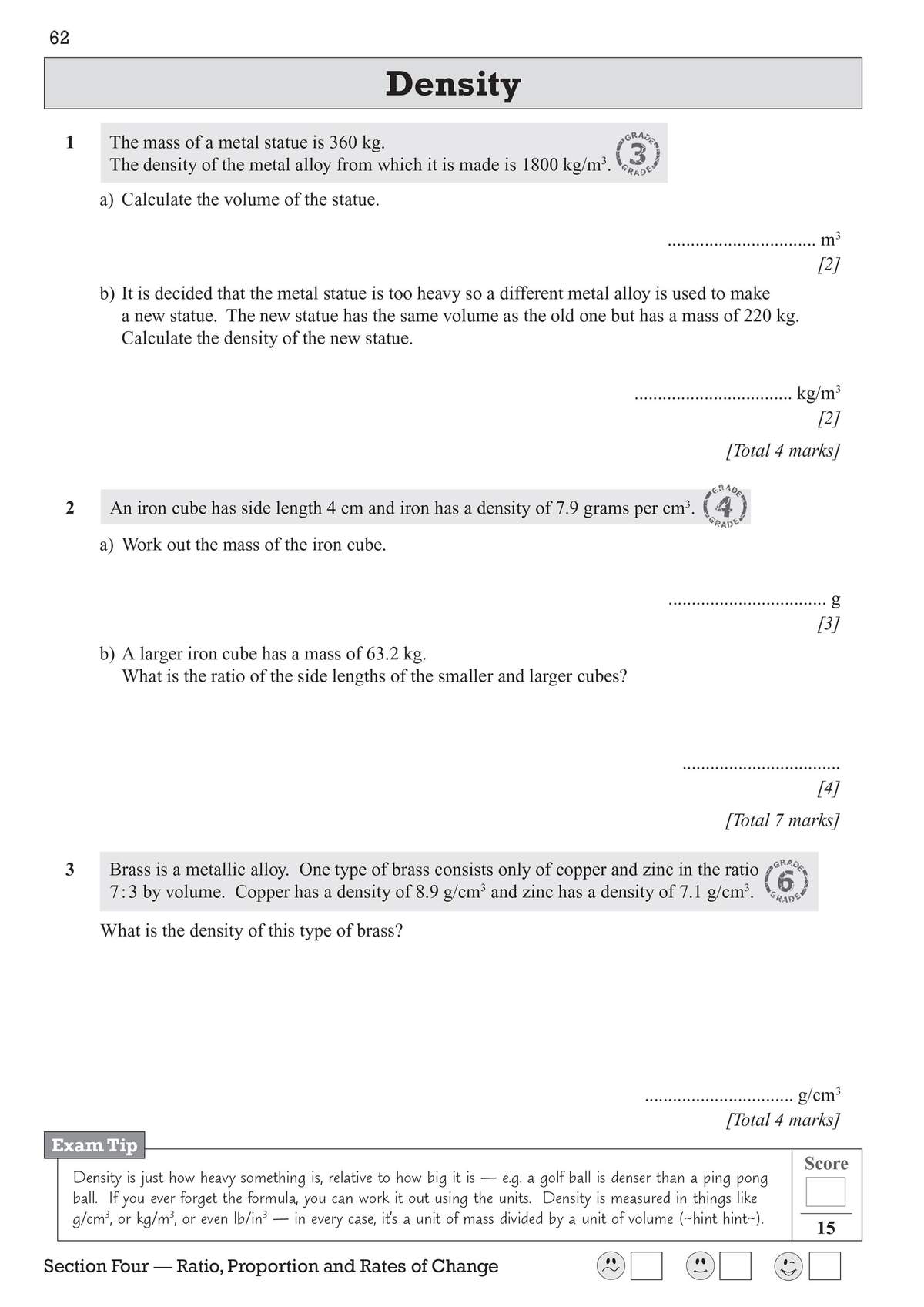 Three questions on calculating density using mass and volume, including worked examples and an exam tip