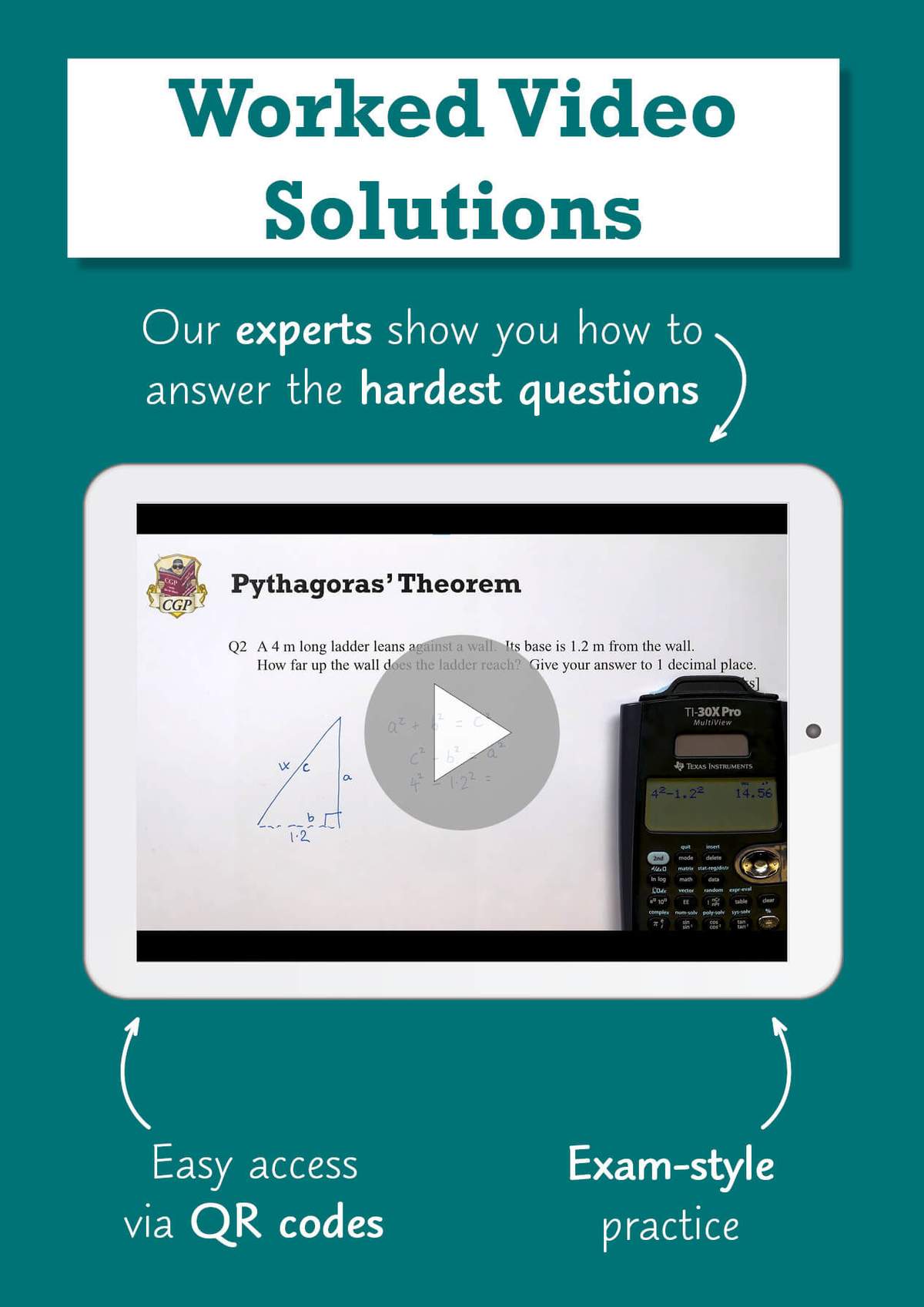 A promotional page showing how worked video solutions help students solve difficult GCSE maths problems step by step