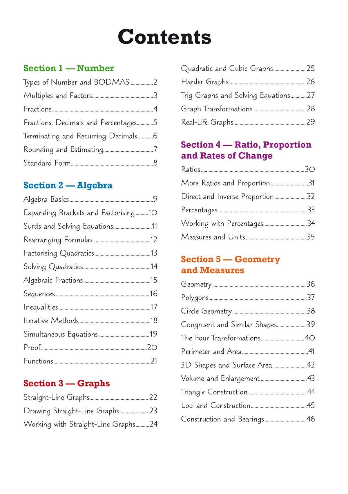 A contents page listing five sections covering number, algebra, graphs, ratios and geometry with page numbers