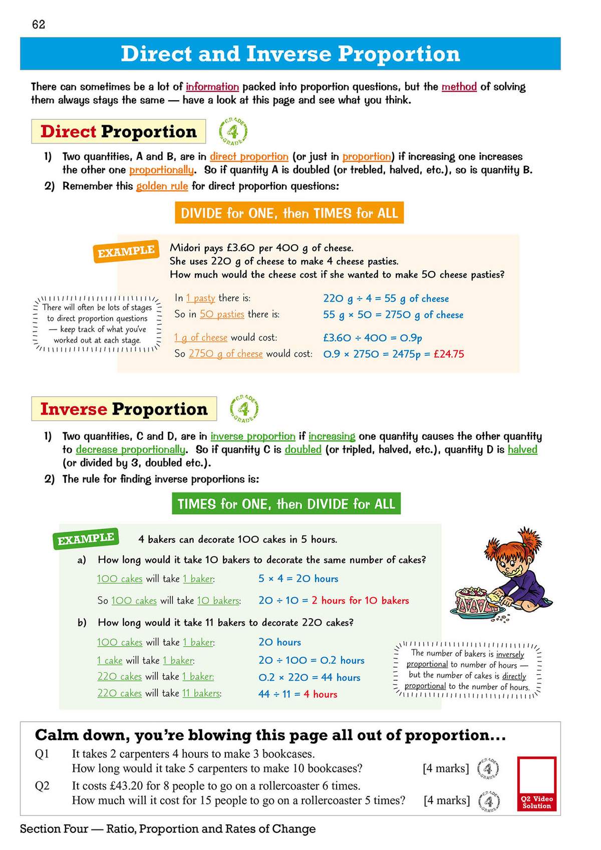Clear explanations of direct and inverse proportion with worked examples on cheese costs and cake decorating