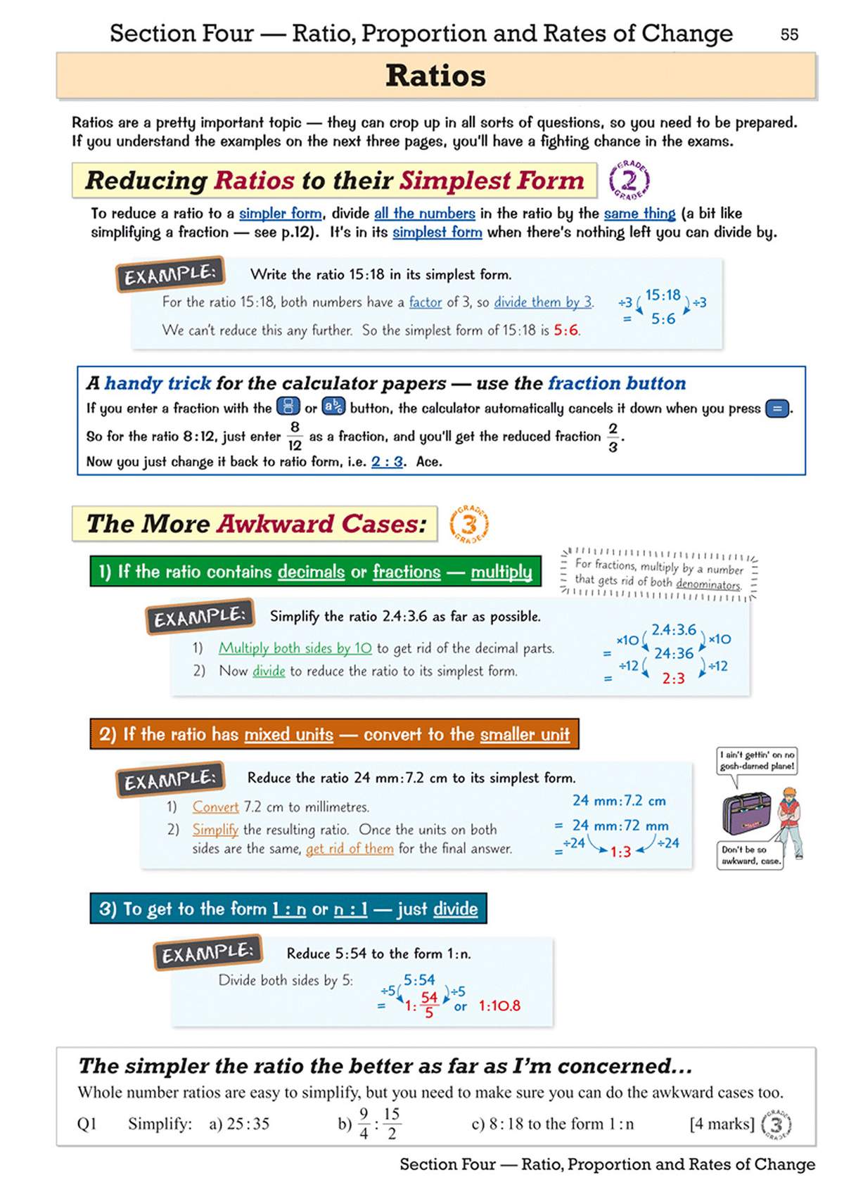 Clear worked examples on simplifying ratios, including decimals, mixed units and fractions