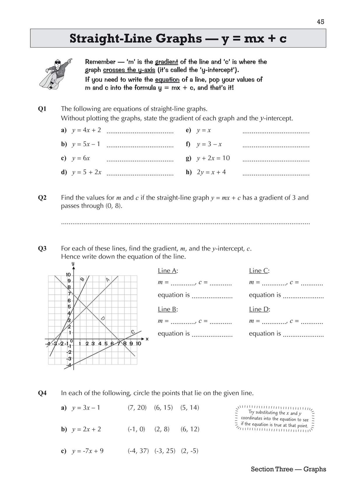 Four questions on straight-line graphs, including finding gradients, writing equations