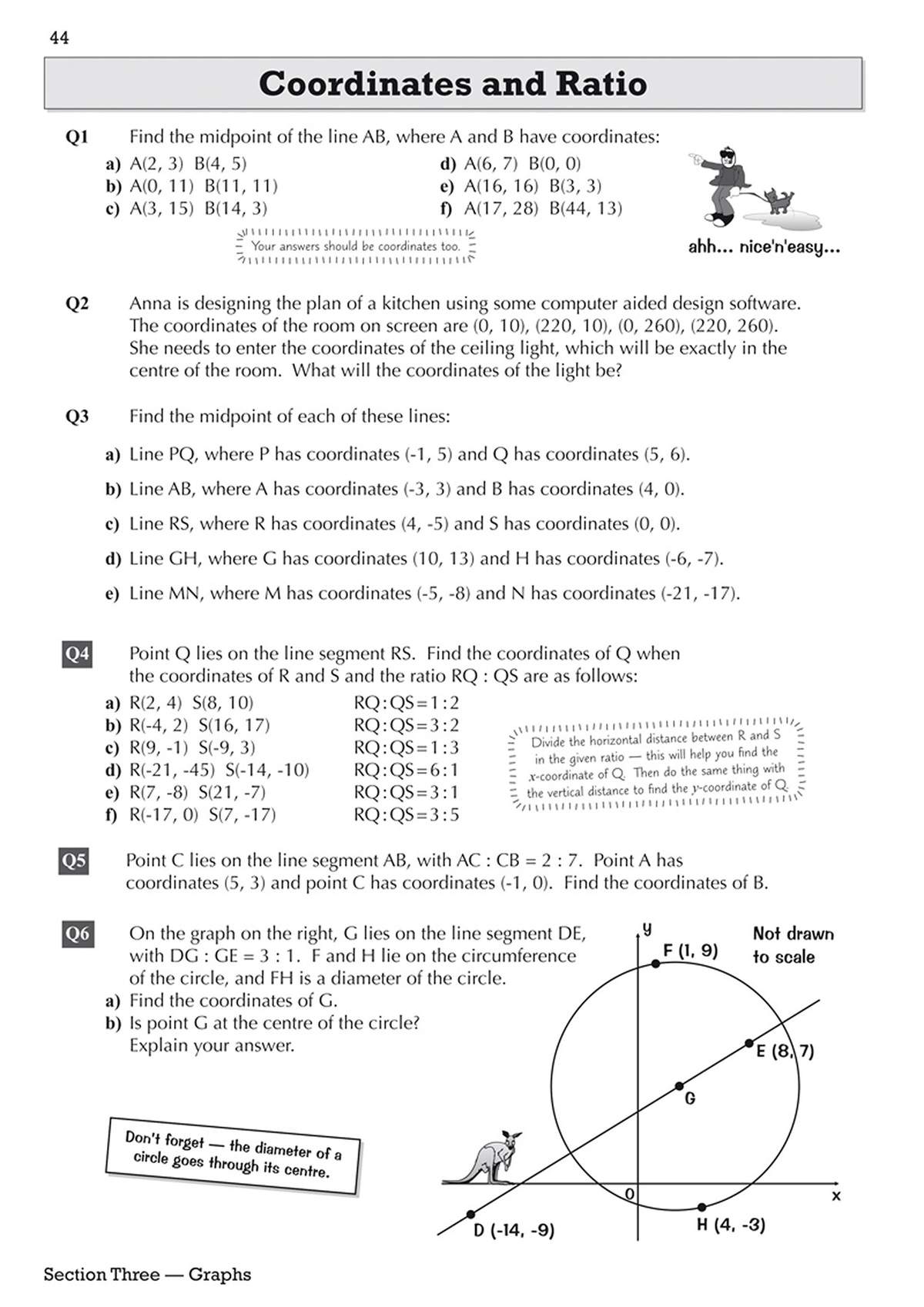 Six questions on finding midpoints and using ratios with coordinates, including a graph to interpret