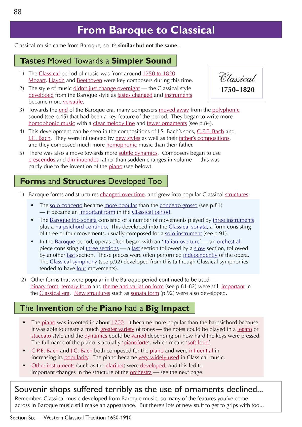 Notes explain how music styles changed from Baroque to Classical, covering composers, instruments and piano invention