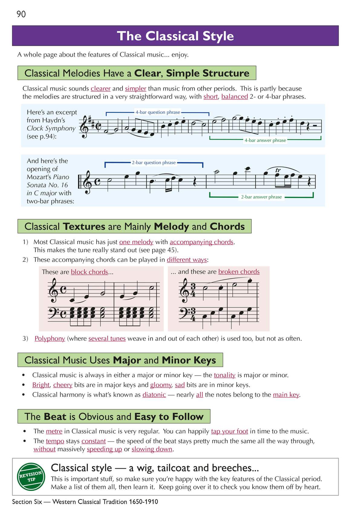 A page explaining the clear structure, textures and keys of Classical music, with musical examples