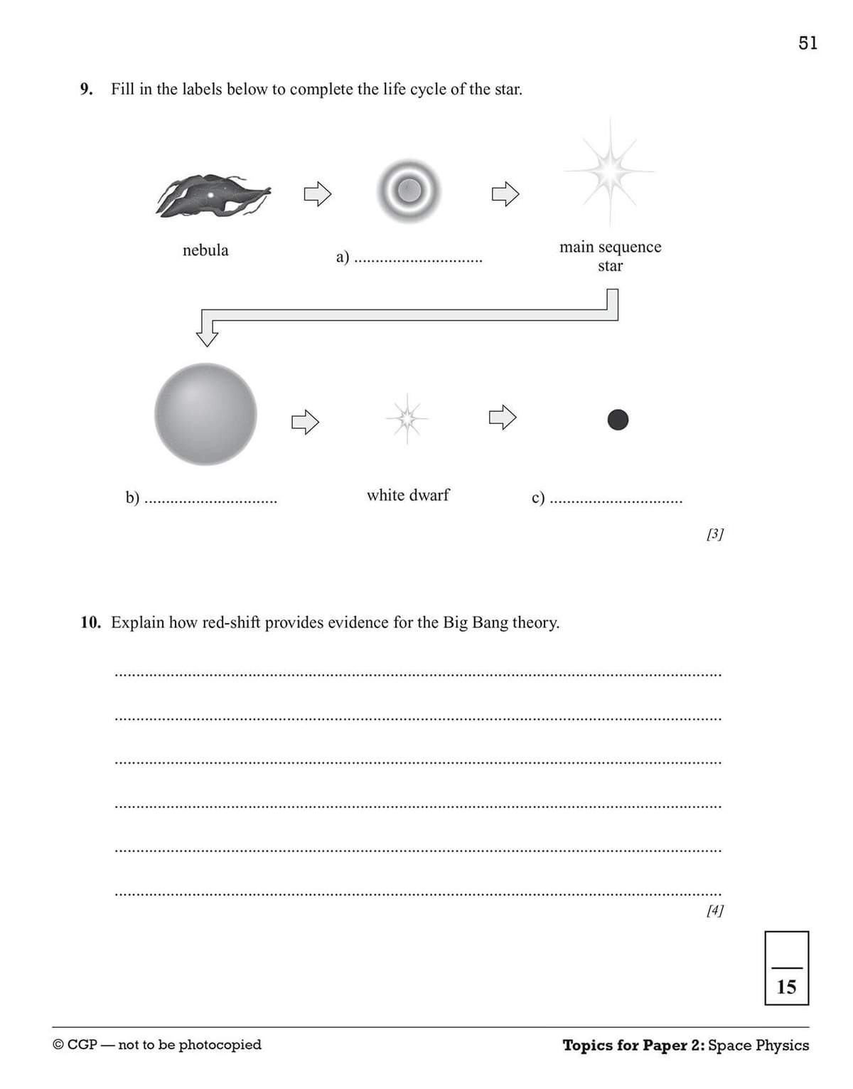A diagram of a star's life cycle with missing labels to fill in, followed by a short written explanation question